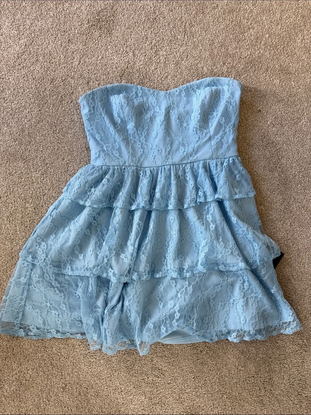 NWT Lulus Strapless Light Blue Lace Tiered Mini Dress XL - Picture 4 of 10